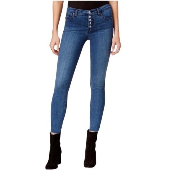 Free People | Button Fly Skinny Jeans with Distressed Hem - Picture 1 of 8
